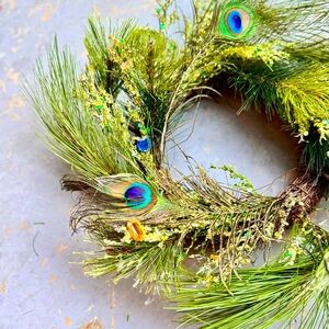 17” PEACOCK FEATHER Maximalist Wreath w Gems & Crystals on Grapevine Ring Base